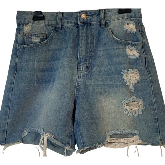 Shein Womens High Rise Distressed Denim Shorts Medium 8 Raw Hem 9086 Hipster - Picture 1 of 7